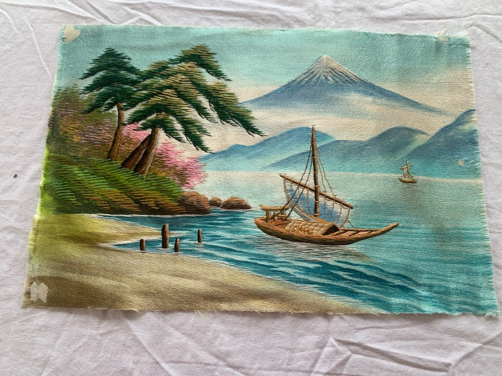 Vintage Oriental Fully Embroidered Silk Landscape Painting
