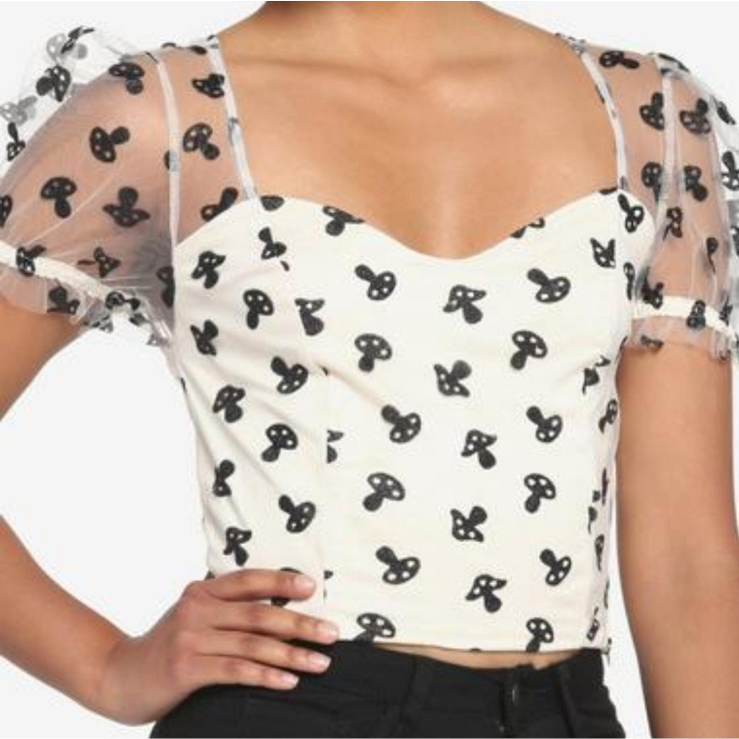 NWT Mushroom Glitter Mesh Womens Top Puff Sleeve Sheer Blouse Hot Topic Size M