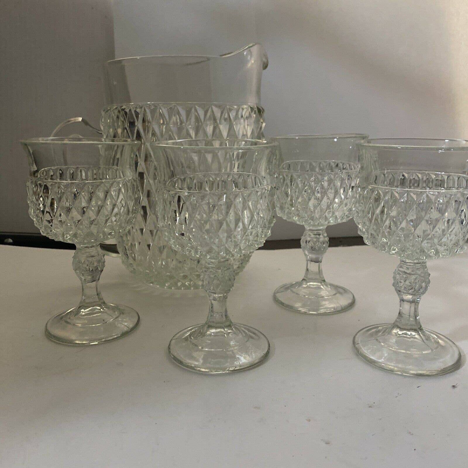 Vintage Indiana Glass 64 Ounce Pitcher Diamond Point Pattern &4 Stem 5” Glasses