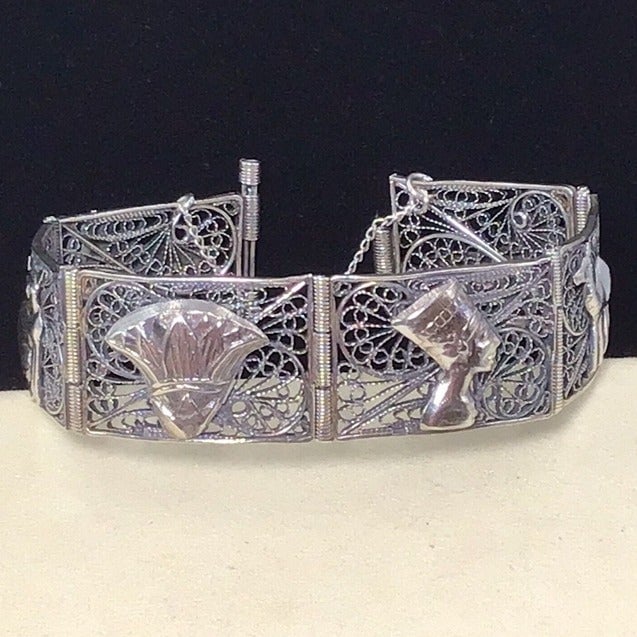 Eqyptian Bracelet Sterling Silver Vintage Filigree And Solid Figures 28.7g 7”