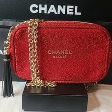 CHANEL COSMETIC BAG RED/GOLD GLITTER WIITH ORIGINAL BOX, CHAIN AND BAG TASSLE