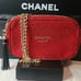 CHANEL COSMETIC BAG RED/GOLD GLITTER WIITH ORIGINAL BOX, CHAIN AND BAG TASSLE