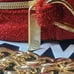 CHANEL COSMETIC BAG RED/GOLD GLITTER WIITH ORIGINAL BOX, CHAIN AND BAG TASSLE