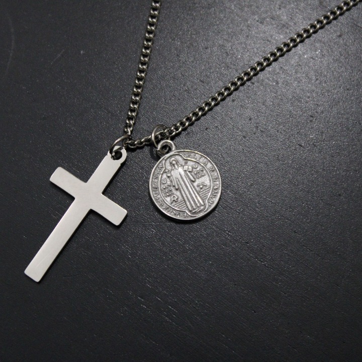 Silver Cross & Saint Benedict Medal Pendant Set