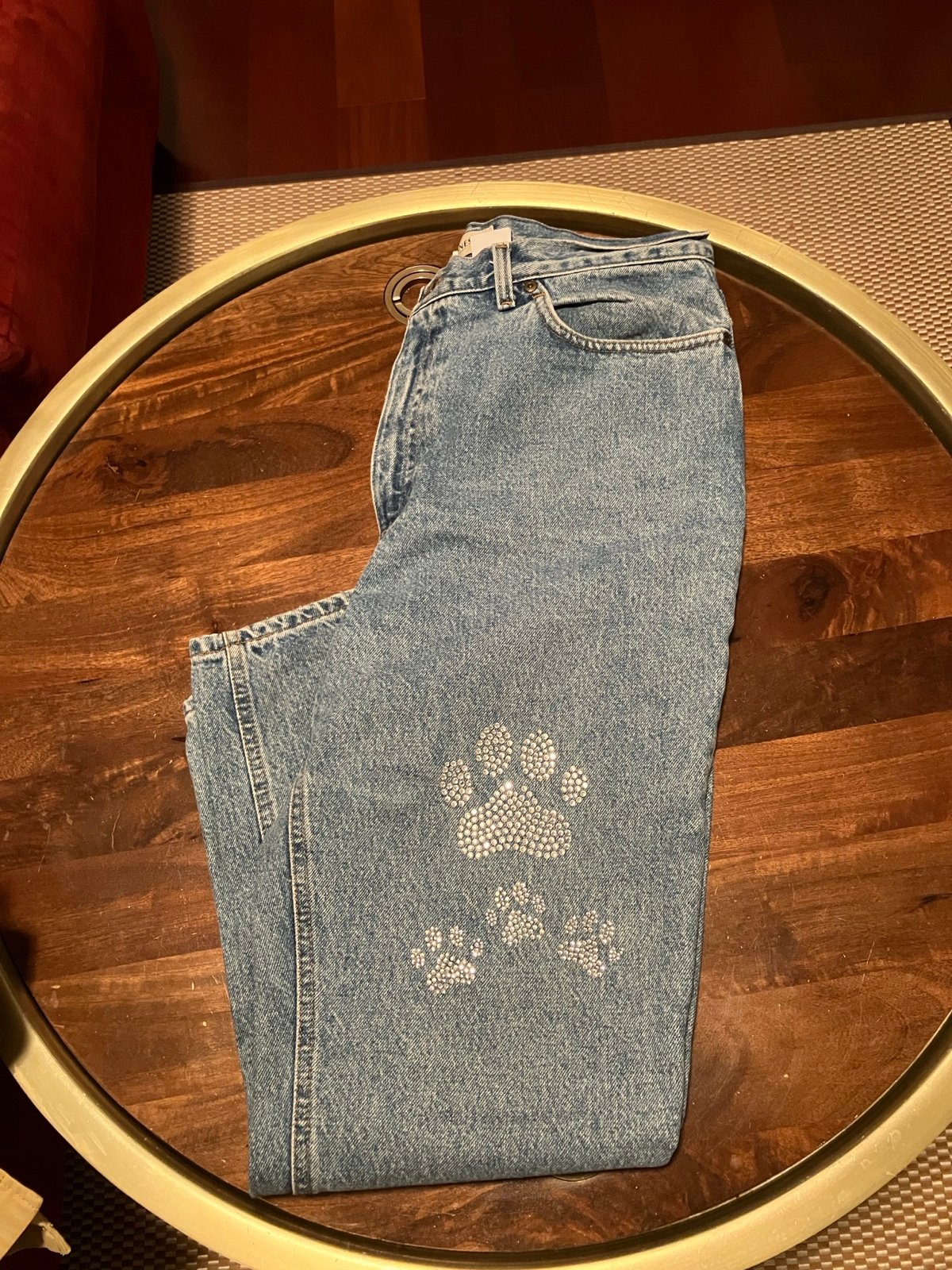 Womens Jones Sport Blue Paw Print Rhinestone Bootleg Jeans Size 14