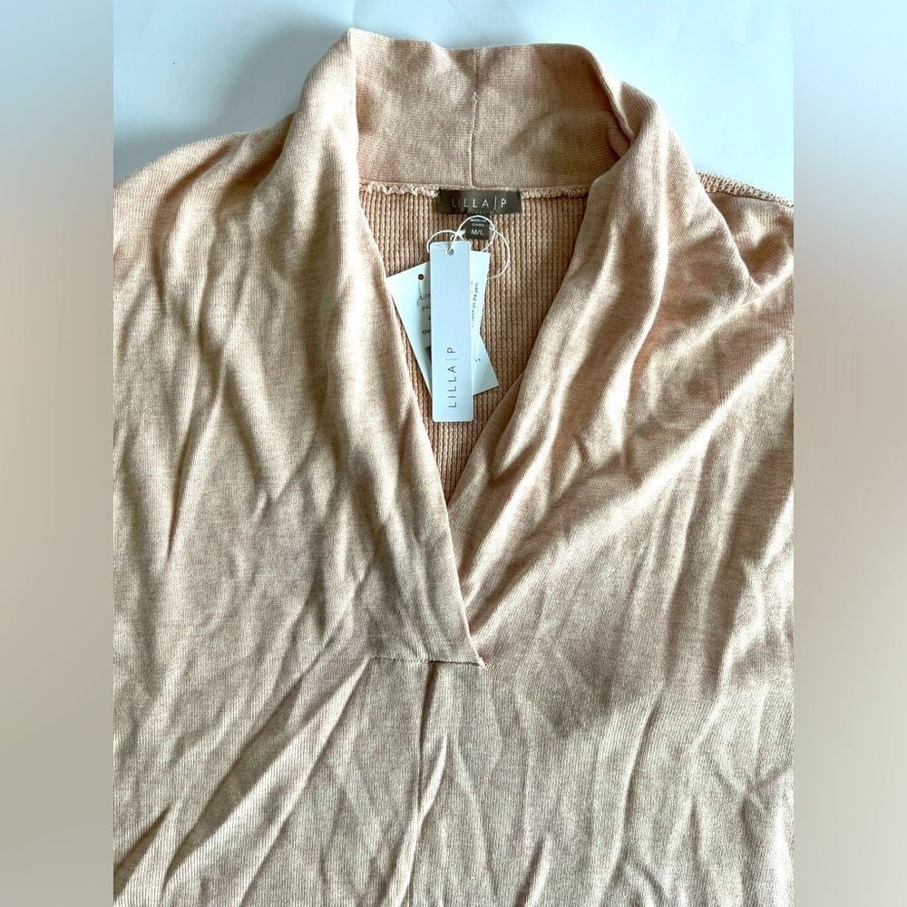 LILLA P Women's M/L Shawl Collar Tunic Sweater Wheat V-Neck Sleeveless