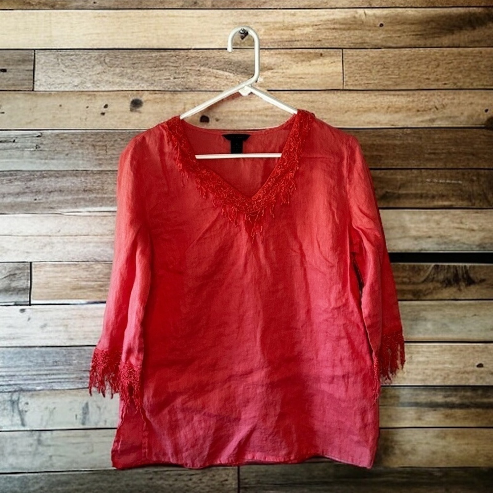 Ann Carson Boho Womens Medium Coral Colored Linen Blouse