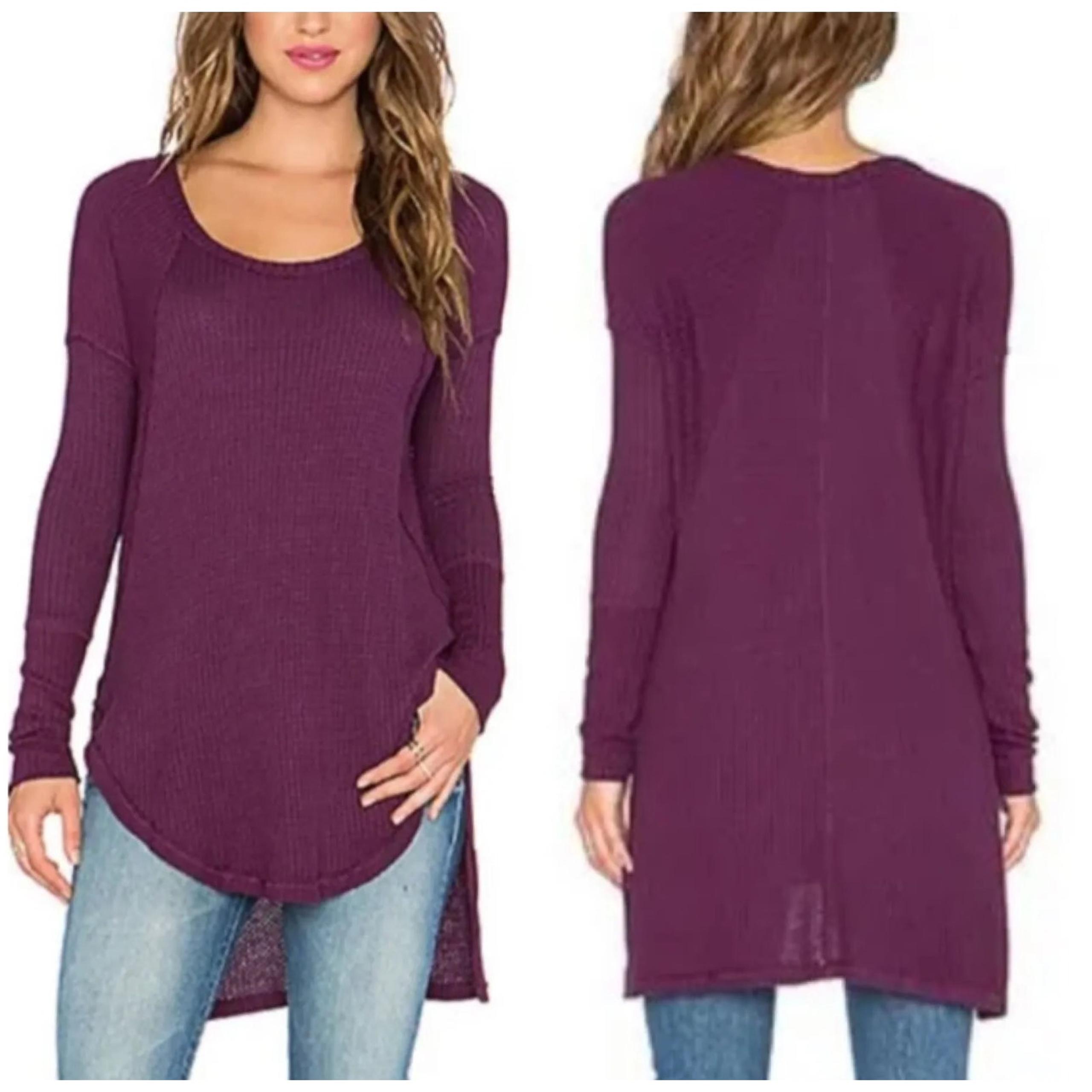 Free People Boho Purple Waffle Knit High Low Light Henley Tunic Sweater XS