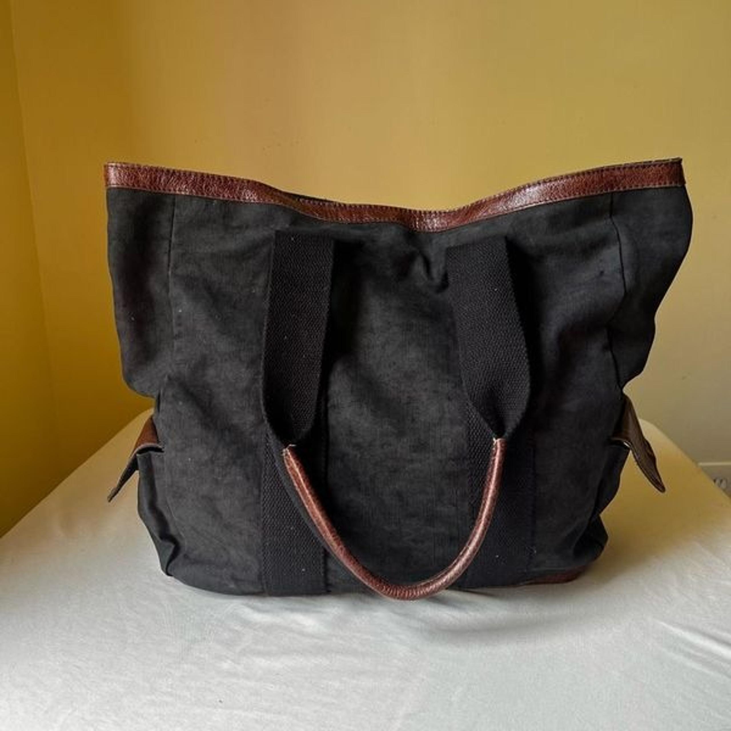 Pottery Barn Union Canvas Tote Bag Black Cotton With Brown Leather Trim
