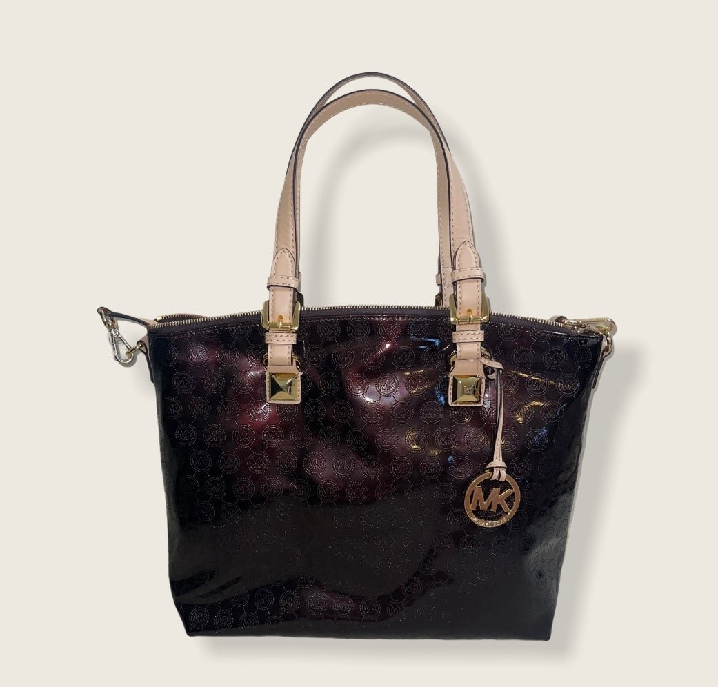 Michael Kors Jet Set Tote Satchel Bag Mono Patent Signature Logo Coffee