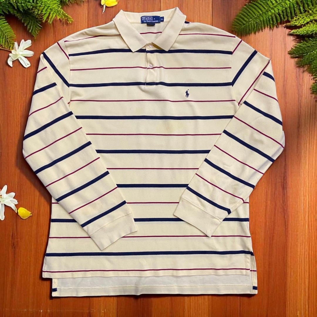 Polo Ralph Lauren Vintage Y2K Canary Yellow Navy Striped Shirt Men's Size XL