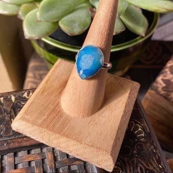 Marine Blue Aura Druzy Solid Sterling Silver Ring 8.5