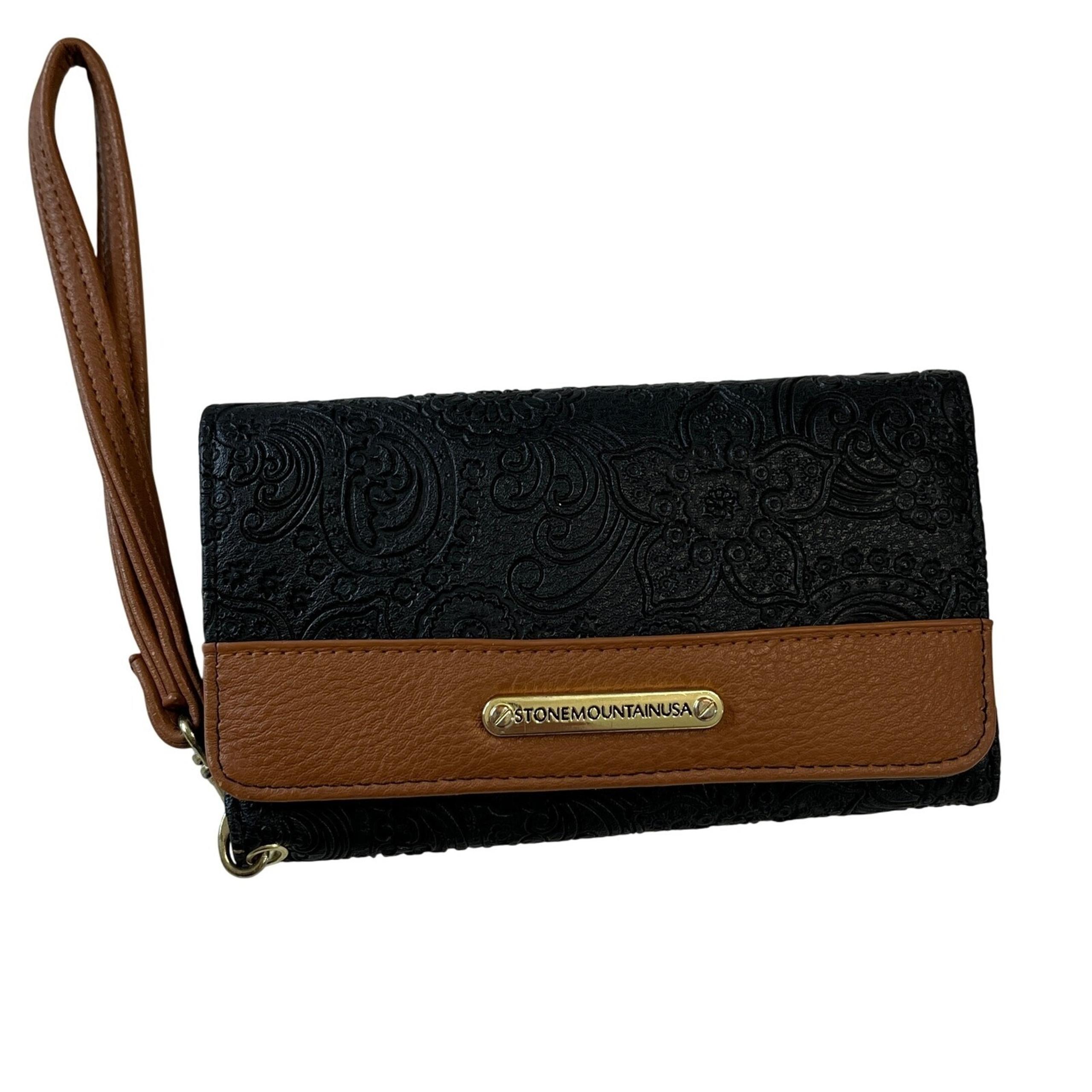 Stone Mountain Wallet Wristlet Clutch Organizer Embossed Floral Brown Black