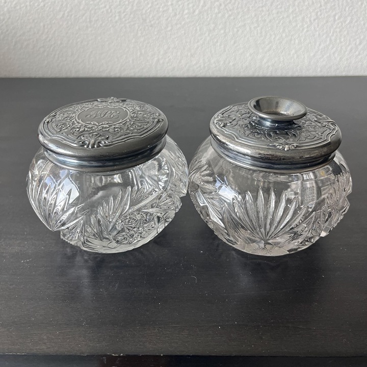 Art Nouveau Vanity Jar Set of 2 Antique Powder Jar and Hair Receiver // Repoussé