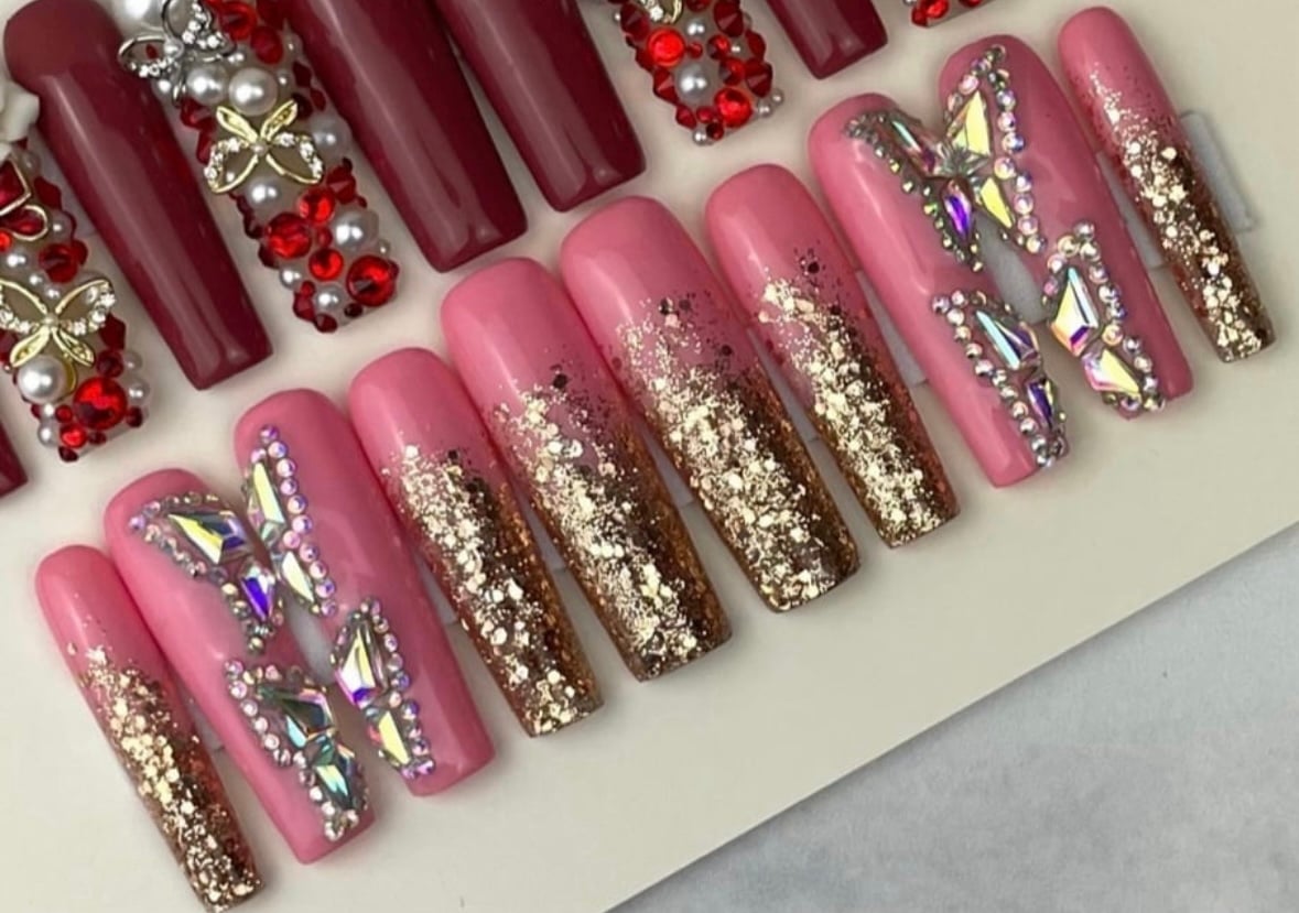Extra long square press on nails rhinestones glitter ombré pink gold handmade