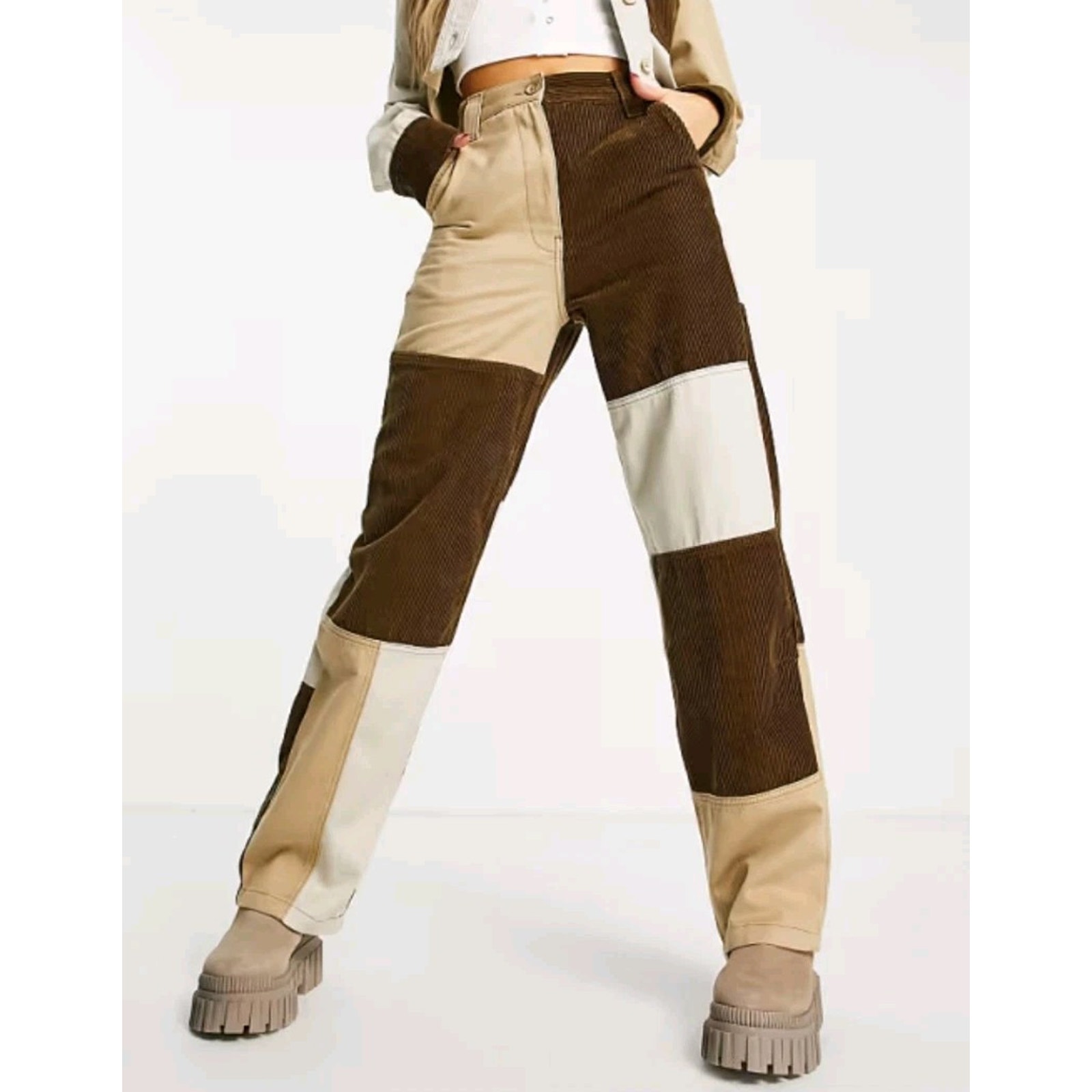Topshop High Waist Cord Pants Sz 4 Brown Corduroy Patchwork Straight Punk Hippie