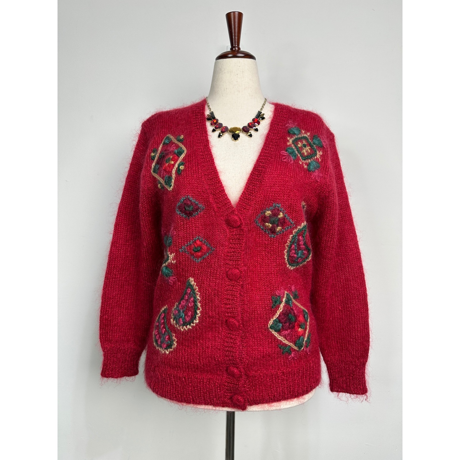 Susan Bristol Mohair Cardigan Hand Embroidered Floral Sweater Vintage Small