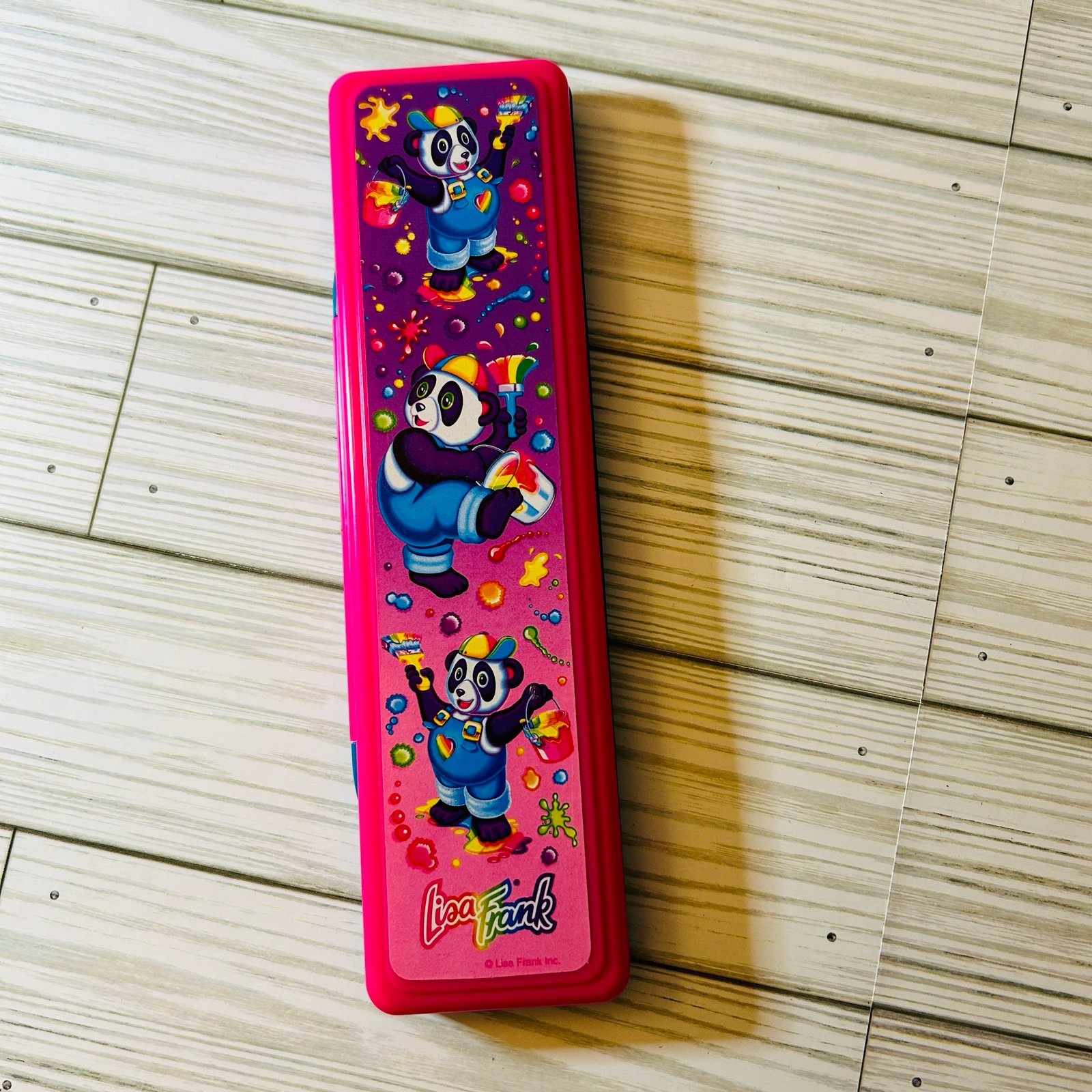 Vintage Lisa Frank Neon Pink Blue Panda Bear Rainbow Paint Hard Pencil Case