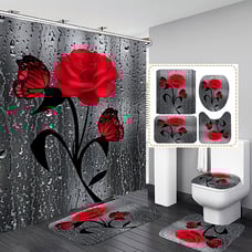 4Pcs Waterproof Fabric Bathroom Shower Curtain Set 3D Printed Flower Pattern