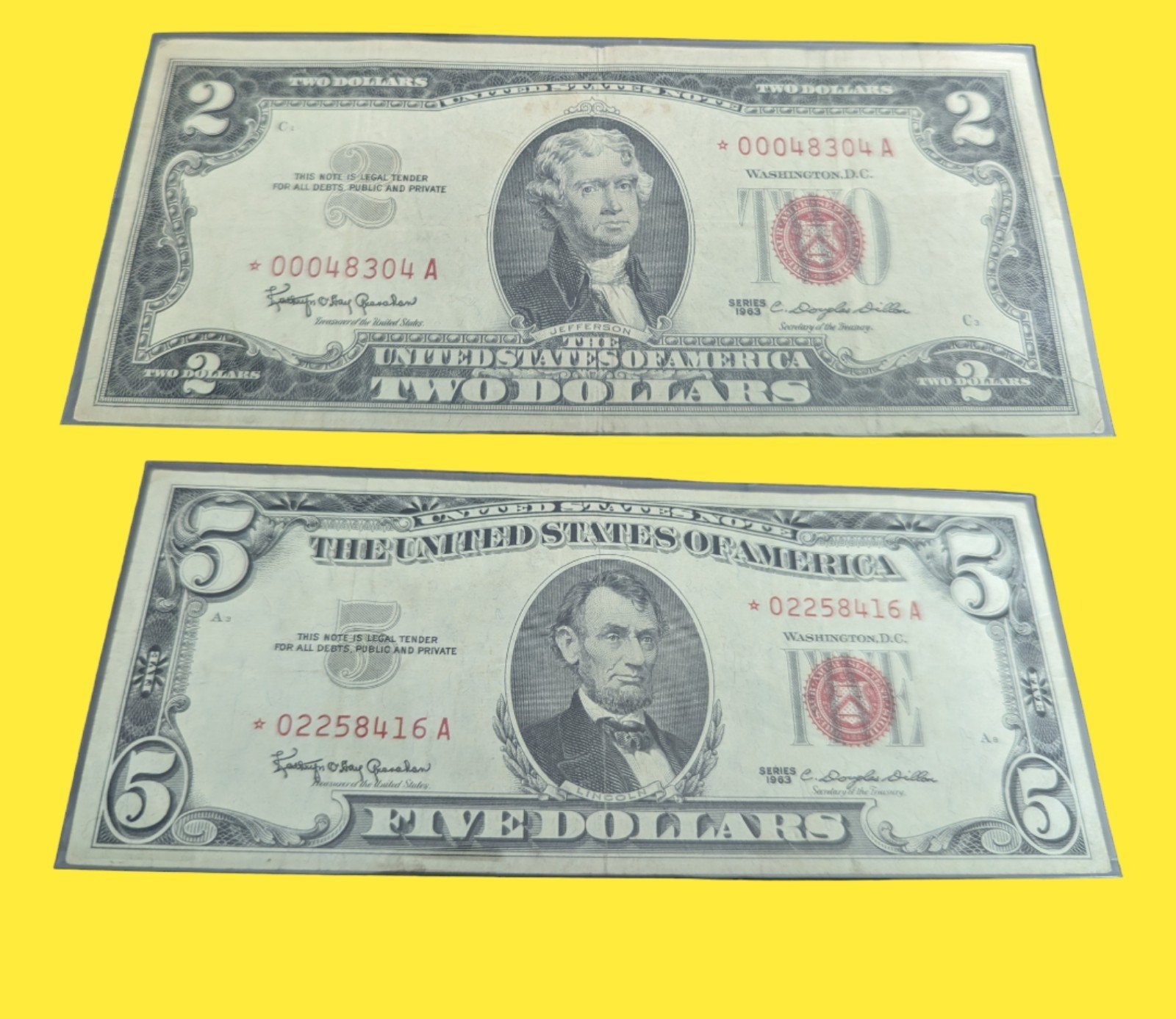 Lot of 2 notes 1963 5 dollar bill and 1963 2 dollar bill Star notes