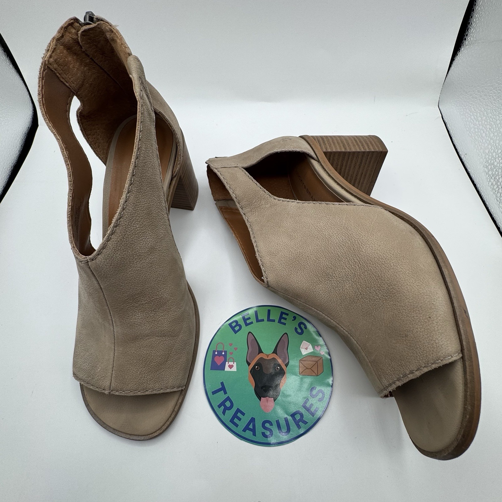 Lucky Brand Saimy Brown Leather Open Toe Stacked Heel Bootie Size 9 US 40 EU