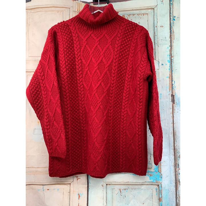 J Crew Cable Knit, Turtle Neck Medium Red Knit Fisherman Wool