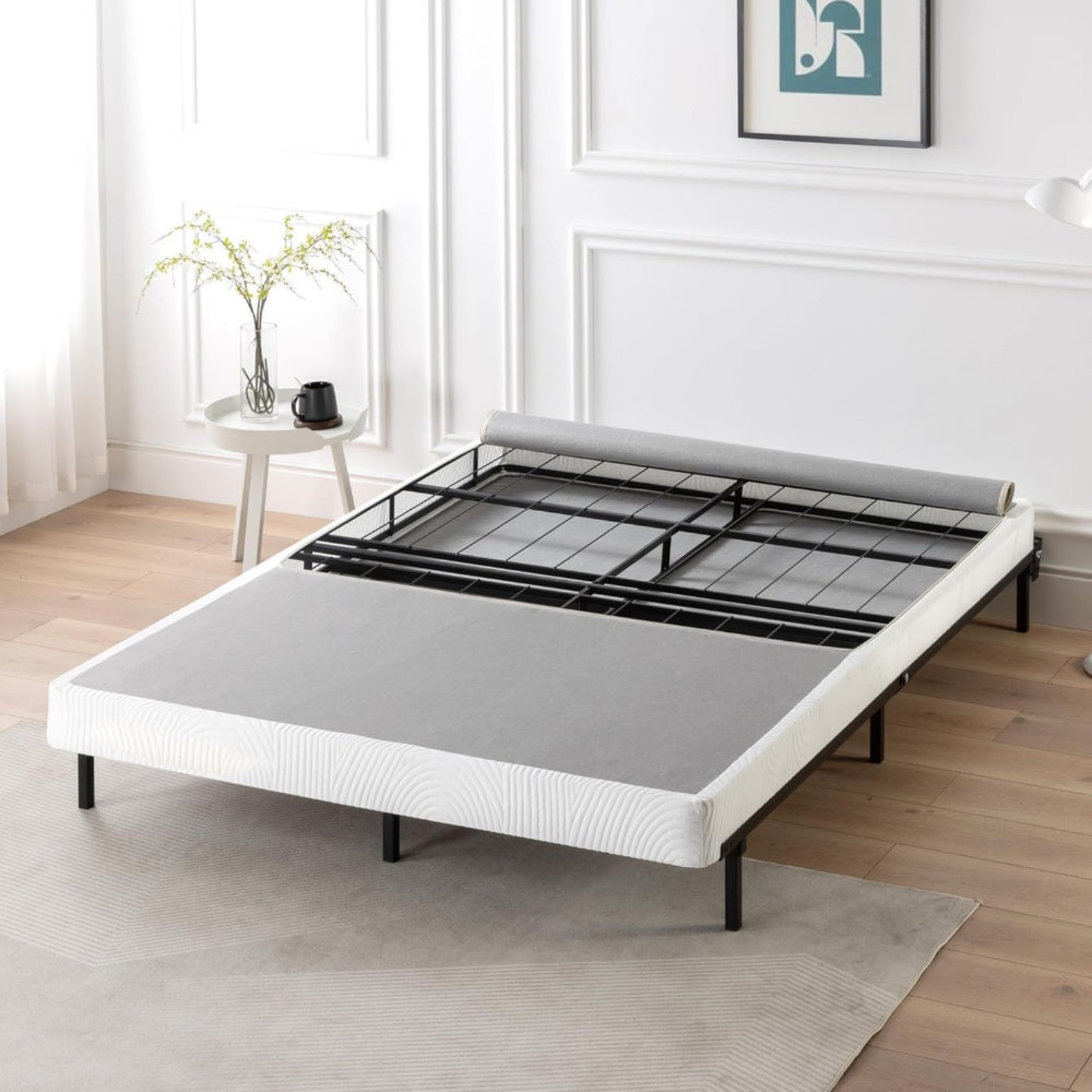 ZINUS No Assembly Box Spring, 4 Inch White Mattress Foundation, Queen,Grey