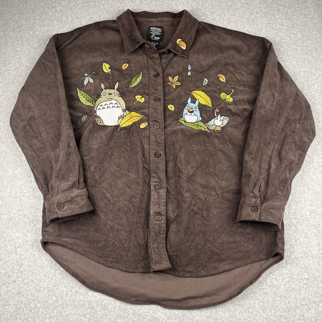 Studio Ghibli My Neighbor Totoro Corduroy Embroidered Button Shirt Mens XL Brown