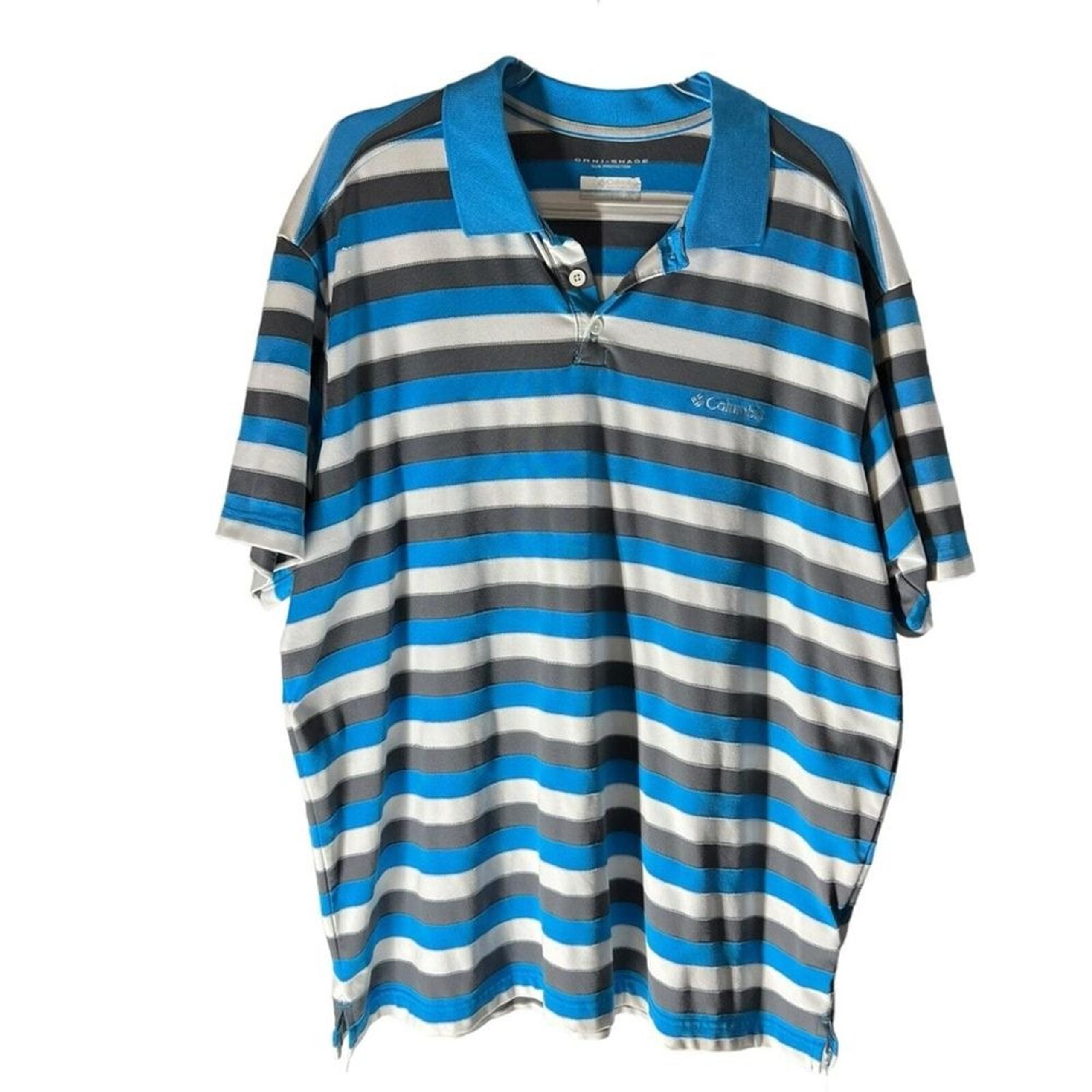 Men's Columbia Omni Shade Sun Golf Tennis Polo Blue Grey White Striped XL