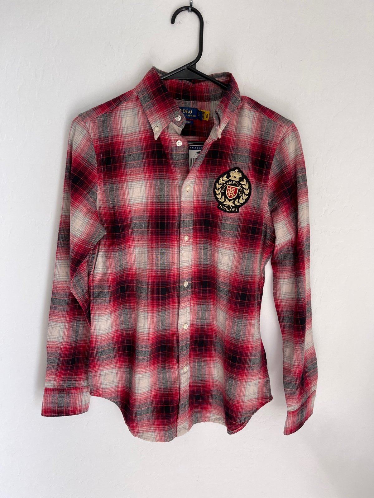 POLO RALPH LAUREN Plaid Patch Logo Button Down Shirt Size Small Petite NWT