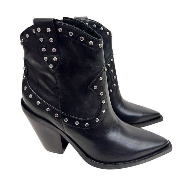 Arezzo Boots Size 10B Black Leather Block Heel Studded Booties Side Zip NEW