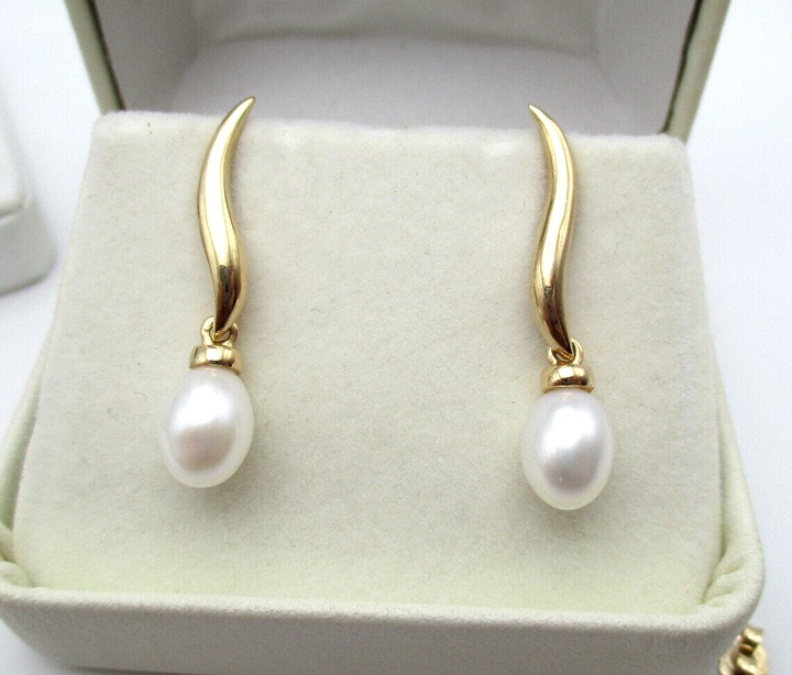 14K Yellow Gold Teardrop Pearl Wave Dangle Drop Earrings [E281]