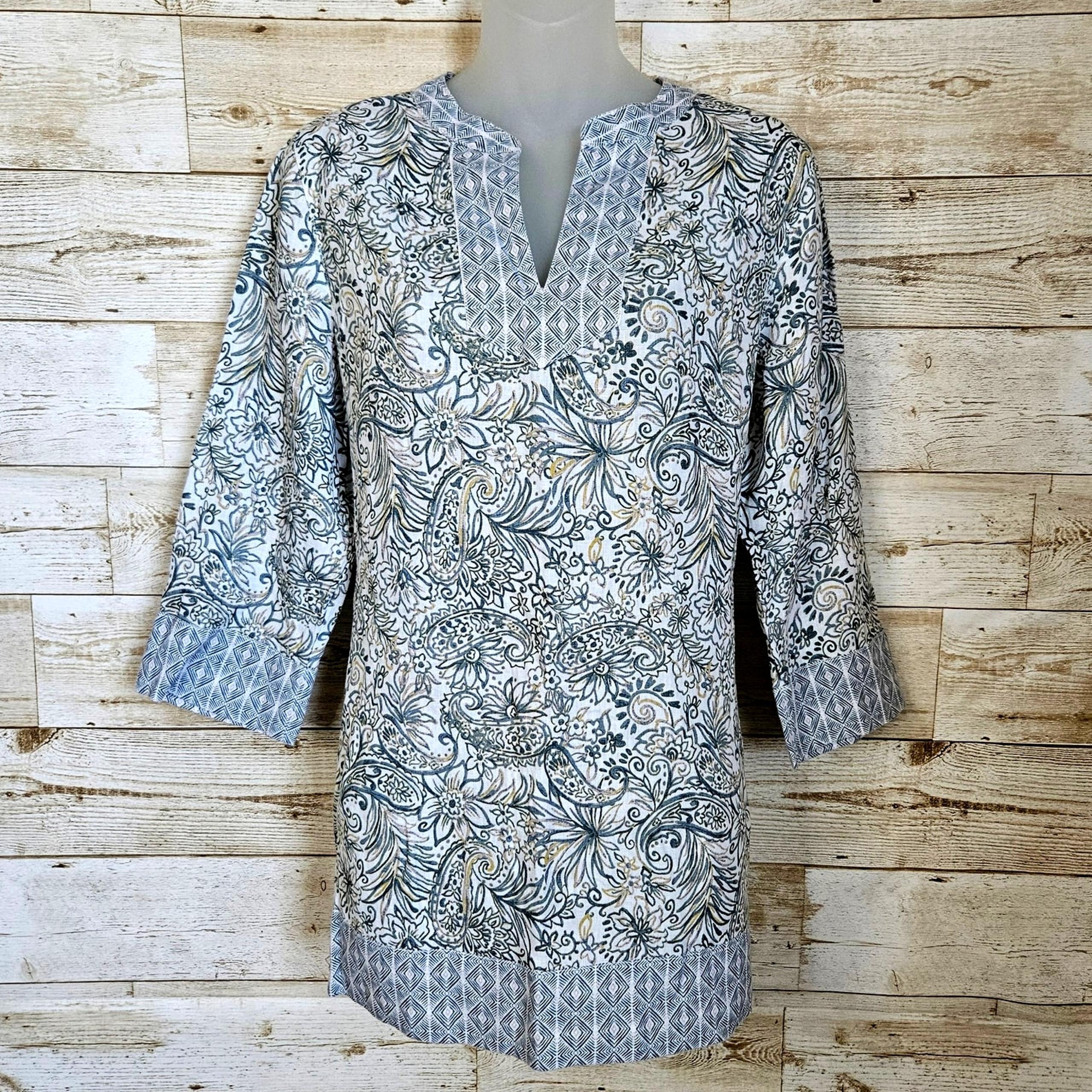 Sigrid Olsen Linen Tunic Top Size Small Tropical Mixed Pattern V-Neck Boho Beach