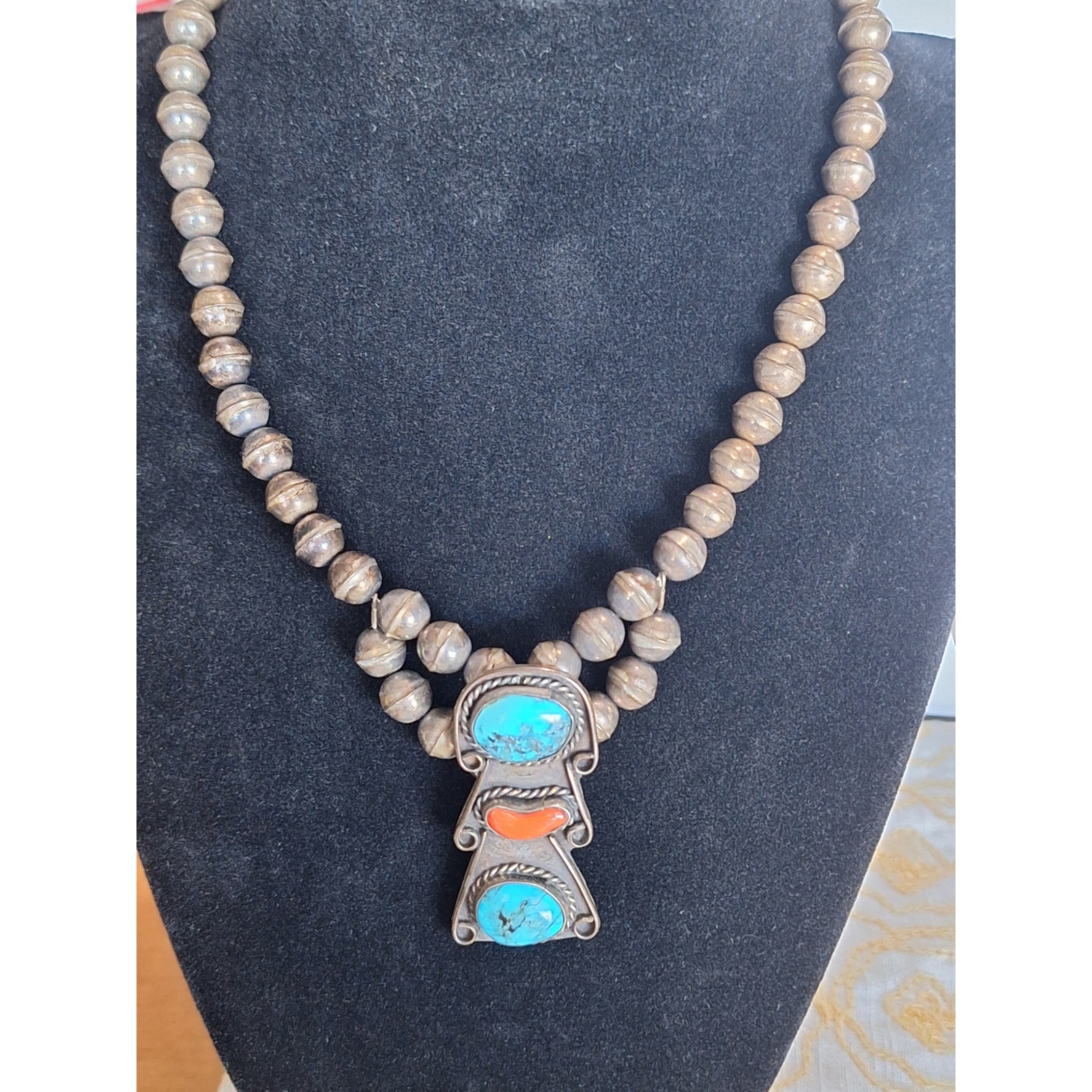 Native American Sterling Silver Necklace- Turquoise and Coral Stones- Vintage