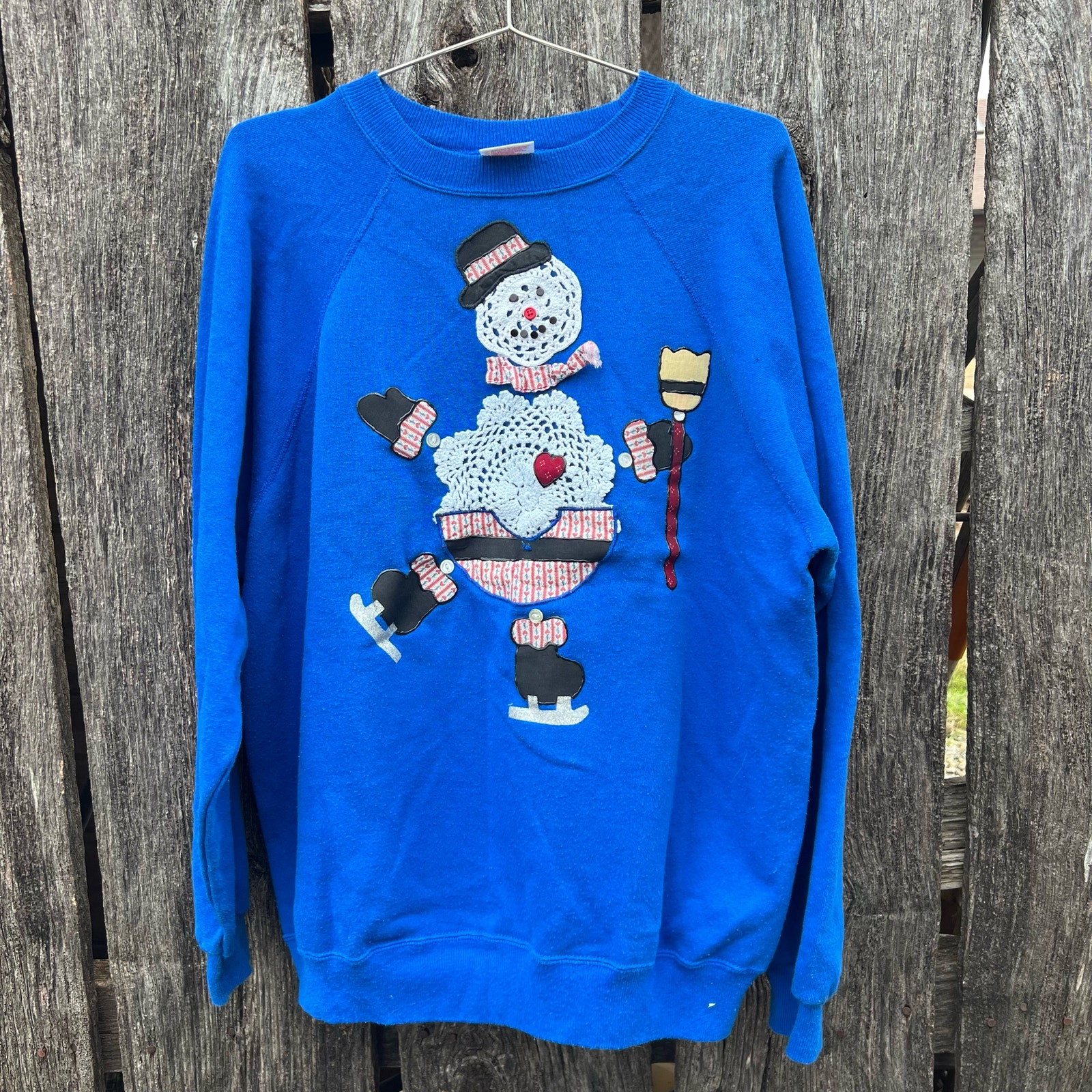 Vintage 90s Crochet Doily Snowman Decorated Winter Ugly Christmas Sweatshirt XL