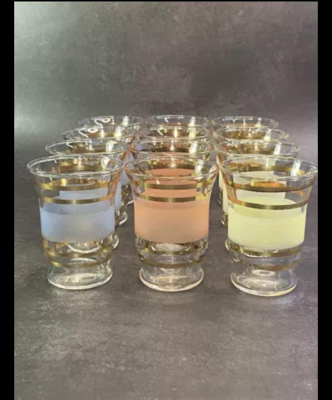 Set of (12) Vintage Frosted and Gold Stripe Juice Glass Set.