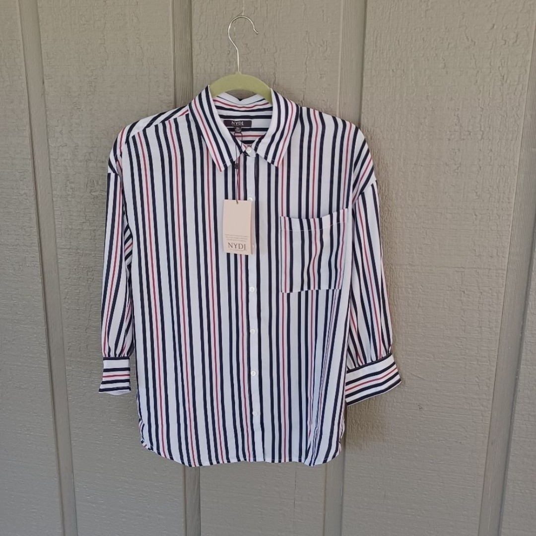 NYDJ Women Zoey Striped Blouse Shirt Size XS Preppy Button Front Collared