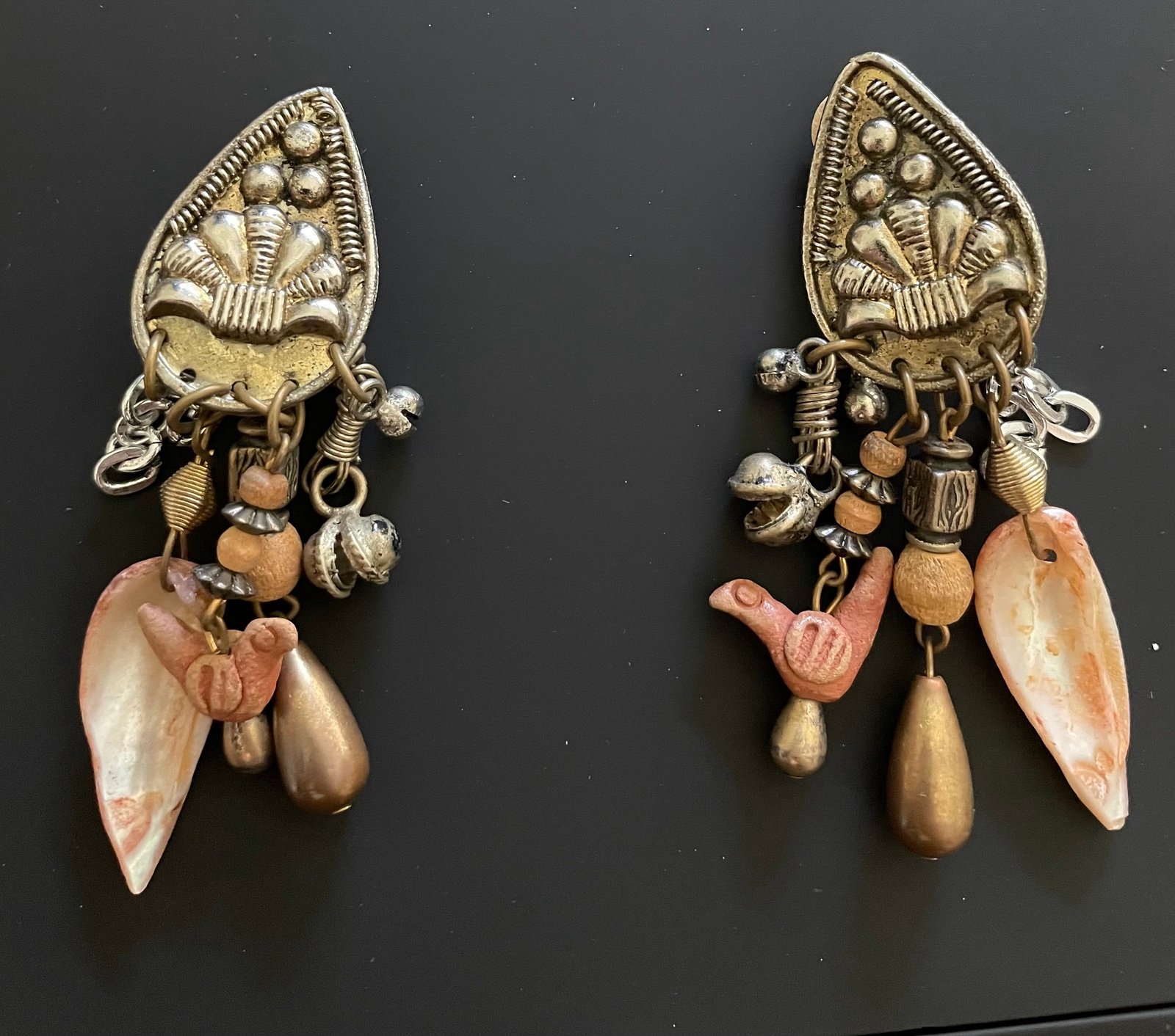 vintage tribal theme earrings- mixed materials- clip on earrings