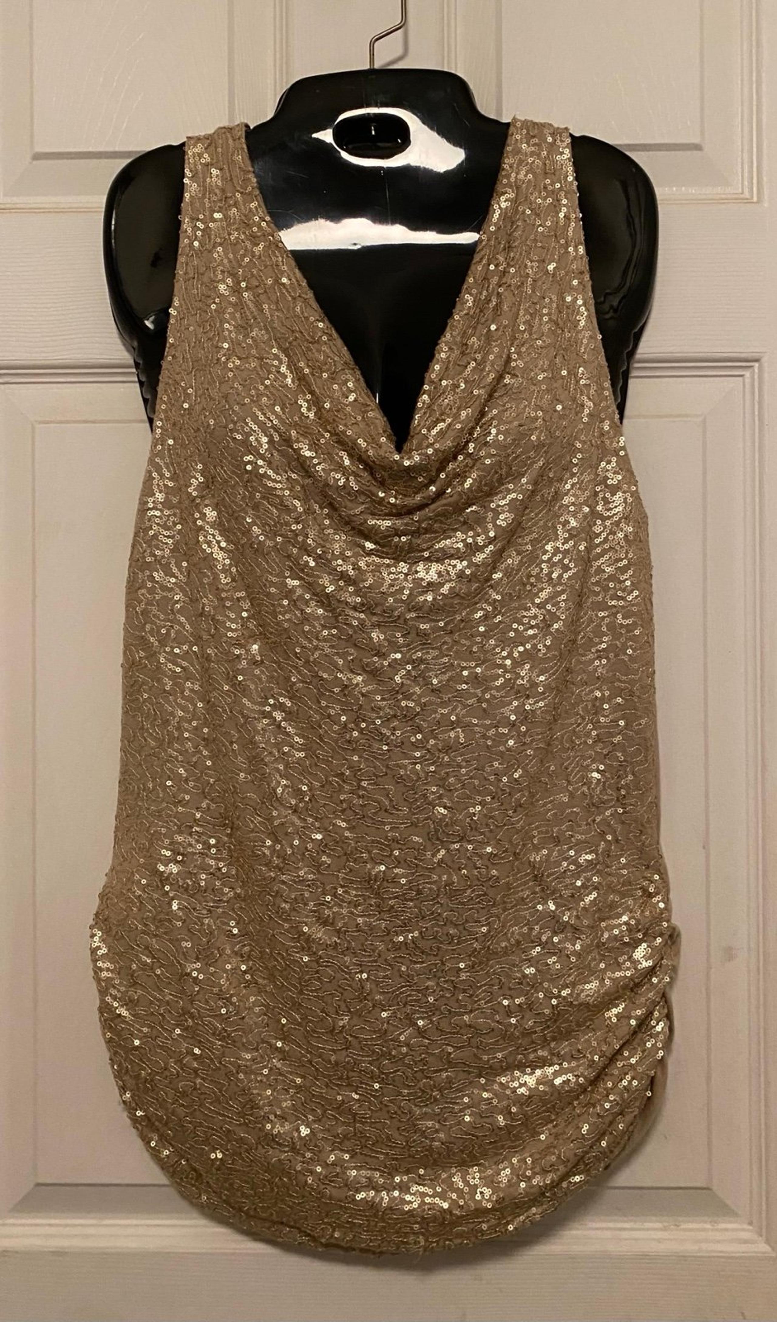 CACHE Sleeveless Sequin Draped Cowl Neck Top, Blouse, Shirt. Size Medium