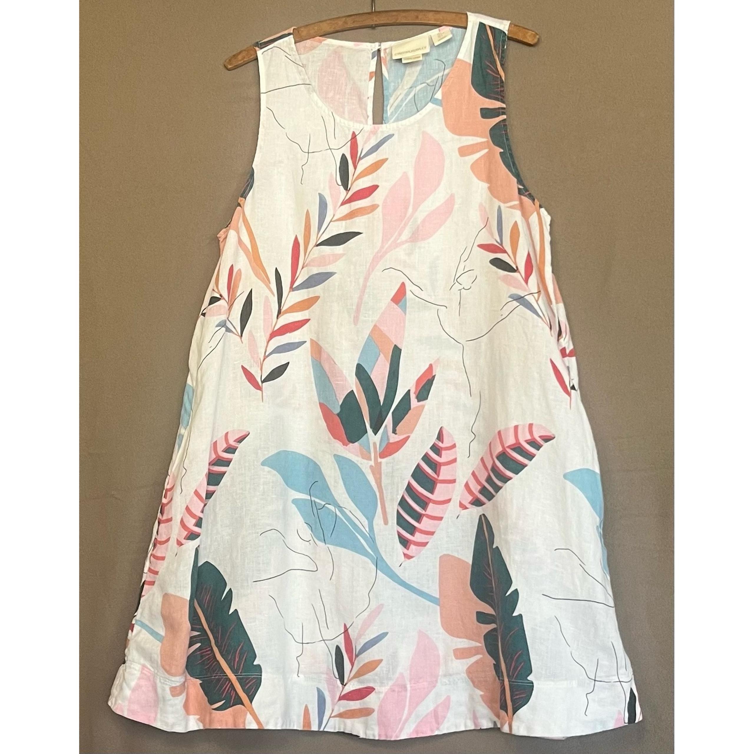 Cynthia Rowley Linen Dress Sleeveless Leaf Beach Floral Print Casual Summer L