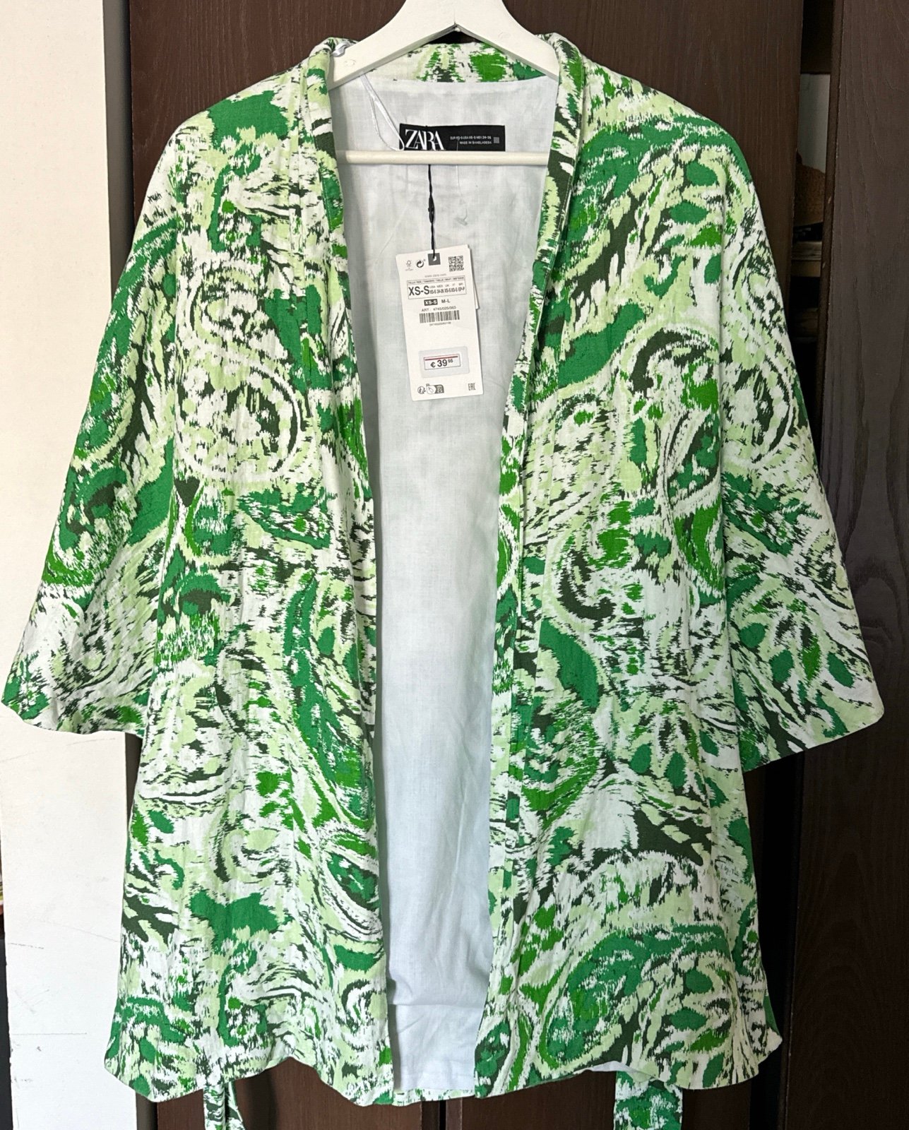 ZARA Linen Blend Printed Kimono White Green Size XS-S