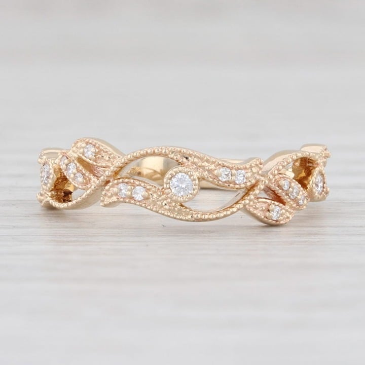 New 0.12ctw Diamond Floral Band 14k Yellow Gold Size 6.5 Wedding Stackable Ring