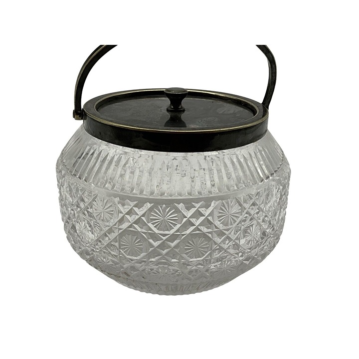 Pressed Vintage Glass Biscuit Barrel in a Victorian Style w/Metal Lid and Handle