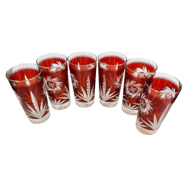 Ruby Red Flash Atomic Pinwheel Glasses Vintage 1970's Dominion Glass