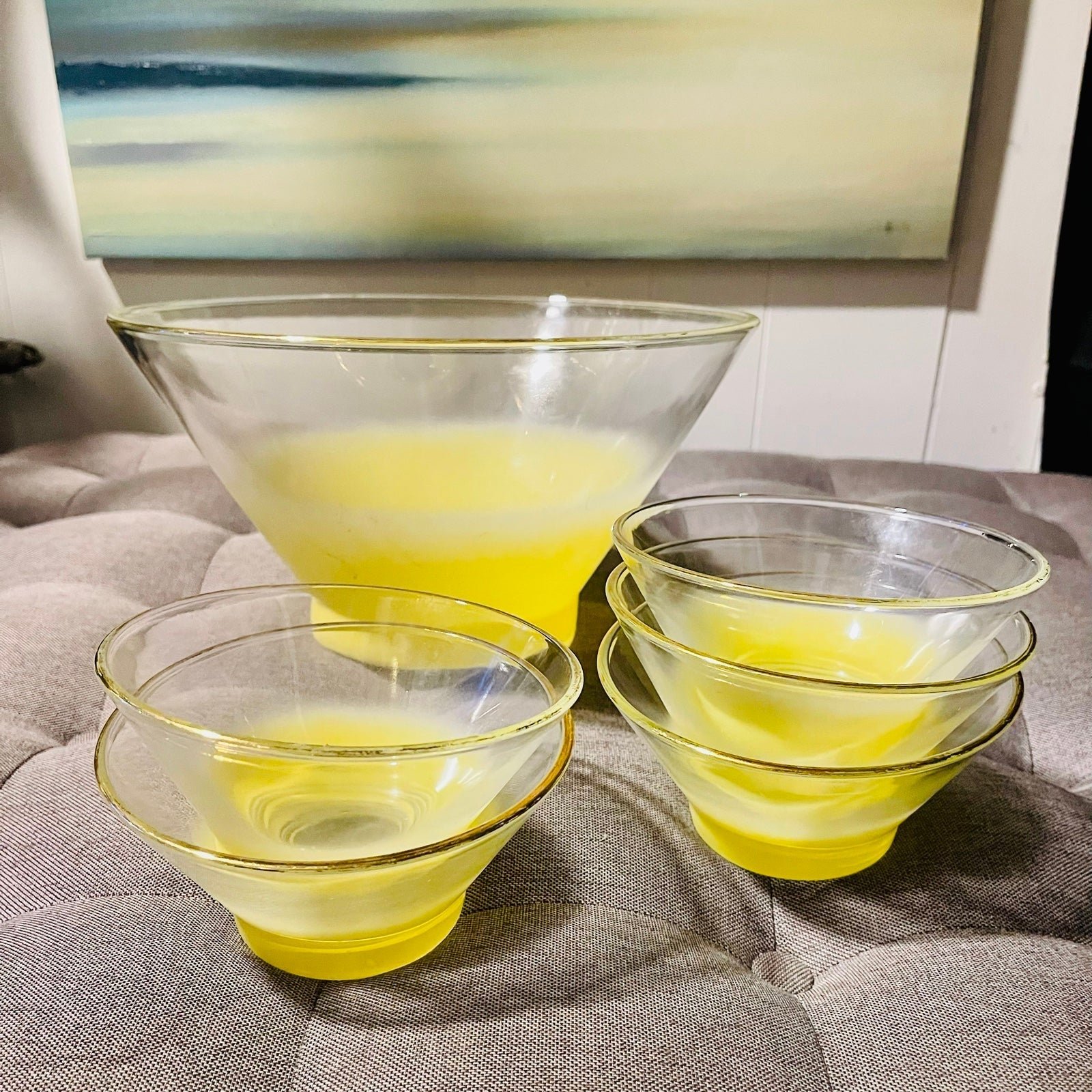 Vtg West Virginia BLENDO Frosted YELLOW Glass SALAD Fruit SERVING BOWL 6pc Set