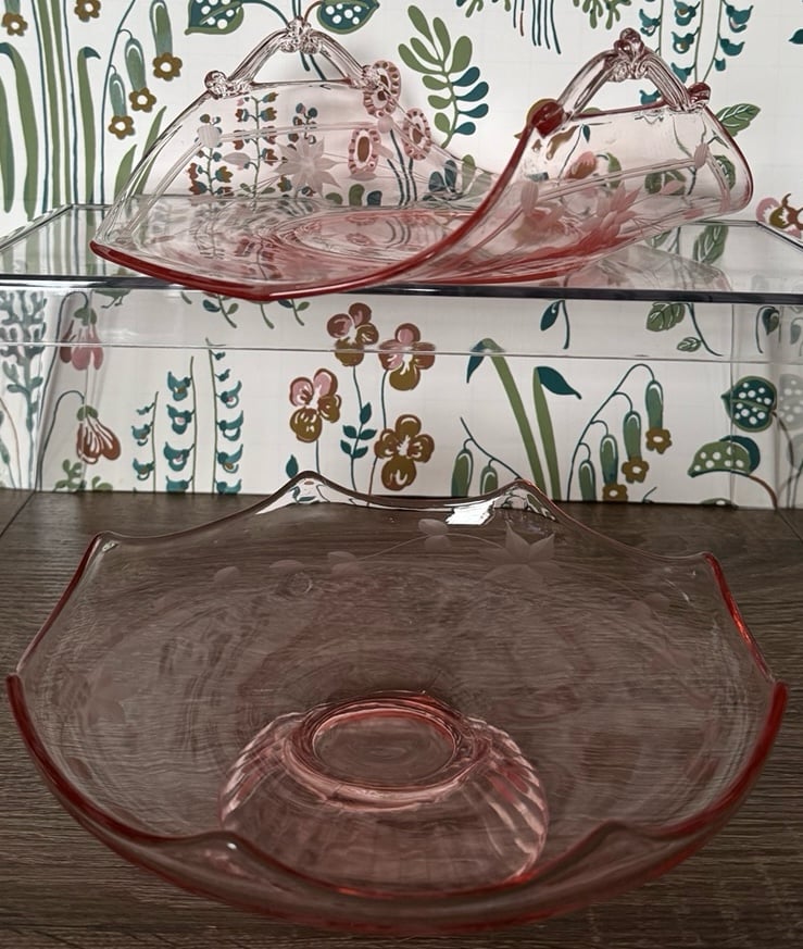 Pink Etched Floral Depression Glass Set