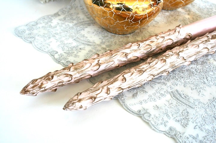Vintage faux taper candles wood Barbie core pink wood mid century gilded tall
