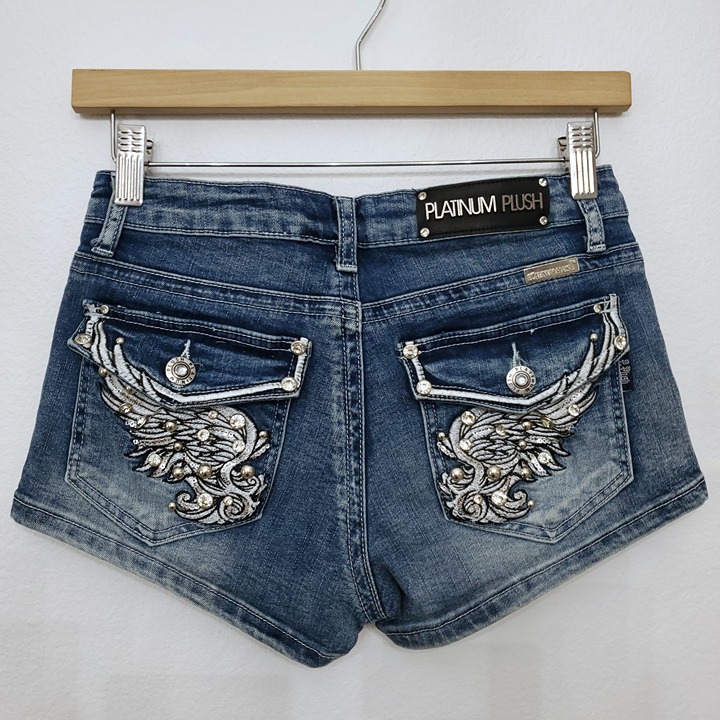 Platinum Plush Rhinestone Wings Denim Shorts Size Small Style 4544