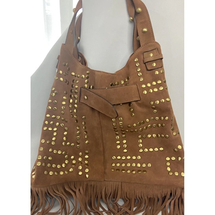 Sam Edelman Emily Studded Suede & Fringe Large Bucket Shoulder Bag COGNAC Brown