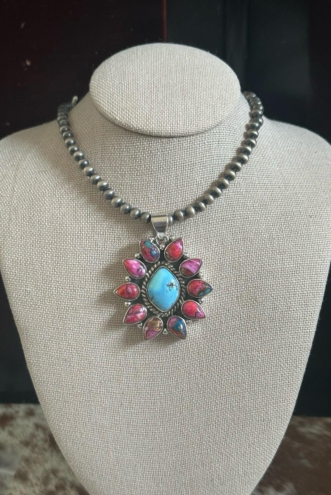 Golden Hills Turquoise & Pink Turquoise Dahlia Statement Southwestern Pendant
